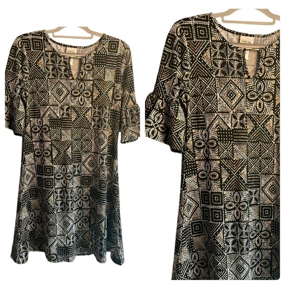 Ruby Rd. Fav. Ladies Ruffled Sleeve Black Dotted Abstract Pattern Dress SZ Small - Picture 1 of 7